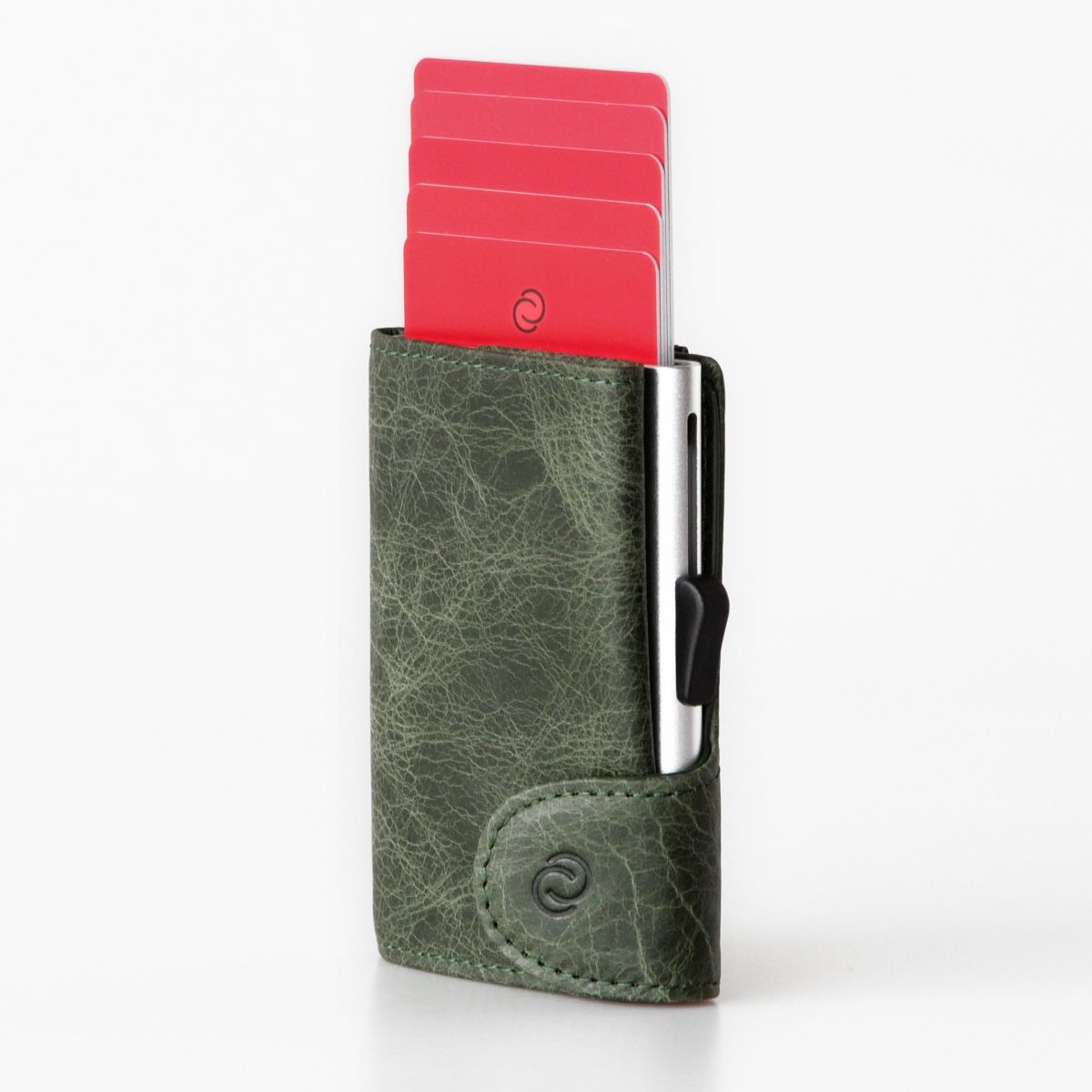 C-Secure Aluminum Card Holder with Genuine Leather and Coin Pouch - Green